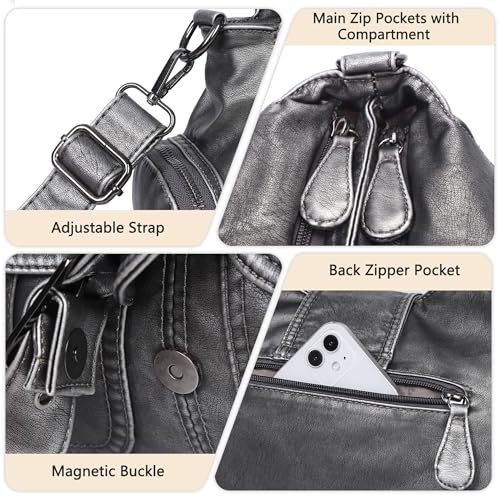 Angel Kiss Hobo Bags for Women Vegan Leather Shoulder Purses and Handbags Ladies Roomy Tote Bags Purse with Crossbody Strap - color: Silver Grey