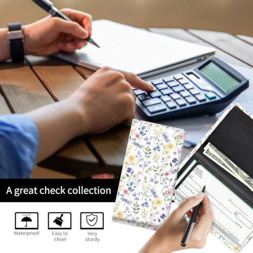 Checkbook Cover for Personal Checkbook, Cute Pu Leather Check Book for Women & Men, Slim Checkbook Holder with Pen Holder and Built-in Clear Plastic Divider, Dragonfly Meadow - color: Dragonfly Meadow