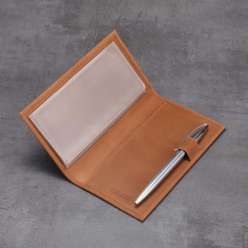 HISCOW Leather Checkbook Cover for Duplicate Checks with Pen Holder - color: Vintage Brown