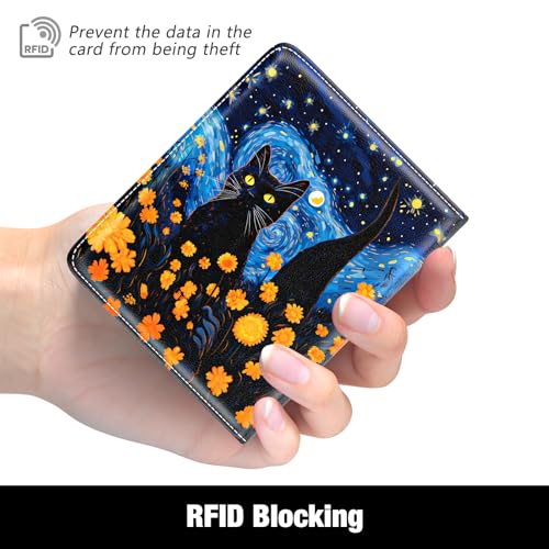 Rouidr Womens Wallet, RFID Small Slim Wallet for Women, Cute Bifold Leather Pocket Credit Card Holder Ladies Mini Purse with Zipper Coin Pocket & ID Window, Starry Sky Cat - color: Starry Sky Cat