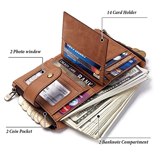 boshiho Genuine Leather Bifold Chain Wallet for Men RFID Blocking - color: Tan