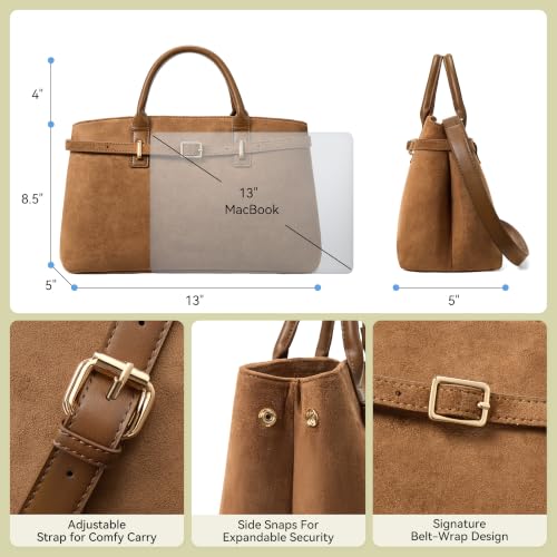 BOSTANTEN Soft Structured Satchel Bag for Women Medium Work Tote Handbag | Commute or everyday, Luxury Pebble Leather or Faux Suede, Professional Style, Removable Strap, Expandable, Giftable Choice - color: Brown