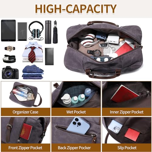 FENGDONG Weekender Bag Large Overnight Bag for Men Women Tote with Shoe Compartment Canvas Carry on Luggage Bag Travel Duffel Bag Gray - color: Gray