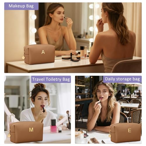 Gifts for Women Bridesmaid Gifts Initial Makeup Bag | Personalized Birthday Gift | PU Leather Cosmetic Pouch Bag | Waterproof Travel Toiletry Bag (Brown L) - color: Brown, style: L
