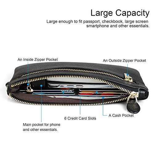 befen Genuine Leather Wristlet Clutch RFID Blocking Bag Cell Phone Purse | Cell Phone Wristlet Clutch for Women, Small Wallet Purses with RFID Blocking Card Slots - color: Chevron Quilted Black