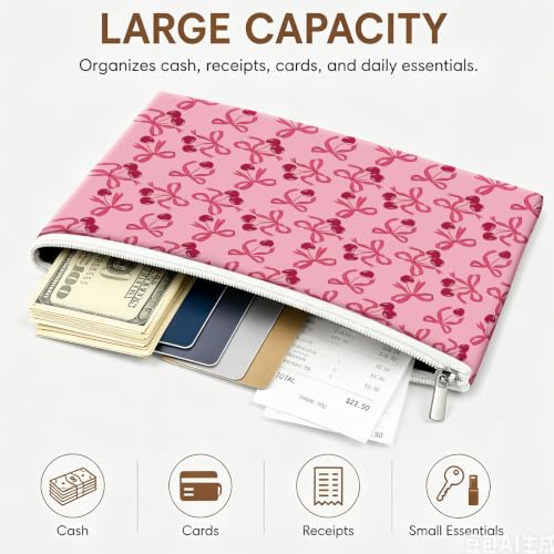 Money Bag with Zipper, Cute PU Leather Cash Bags, Portable Bank Bag Money Pouch for Cash, Coins, Checks, Receipts, Invoices Cosmetics Tools, Deposit Bag for Office Travel, Cute Bow - color: Cute Bow