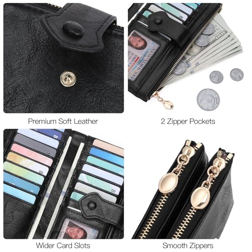 GOIACII Wallet for Women Ladies Wallets Double Zippers Clutch Purse Black - color: B03 Black