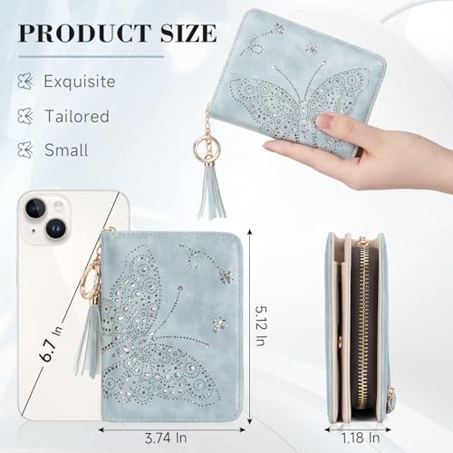 KITEVIUN Women RFID Blocking Small Bifold Wallet, Compact Cash Clutch with Zipper Coin Pocket, Glittery Butterfly Design, Credit Card Holder, Travel Purse with Tassel BLUE - color: 02-BLUE