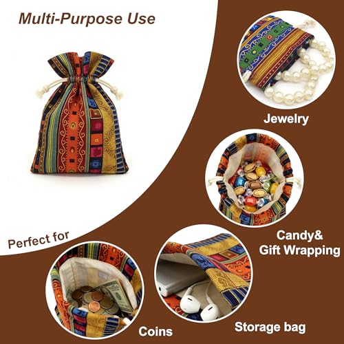 12pc Egyptian Style Jewelry Coin Pouches Aztec Print Drawstring Gift Bag | Party Accessories Brocade Cotton Sachet Candy Present Pouch Travel Purse Ethnic (12) - color: Egypt 12