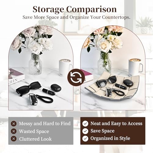 MSJGA Valet Tray PU Leather Key Holder Bowl for Women and Men Entryway Table Nightstand Desk Tray for Wallet, Keys Men's Gift - Beige & Gray, 9.8" L x 9.8" W x 2" H - color: Beige + Gray