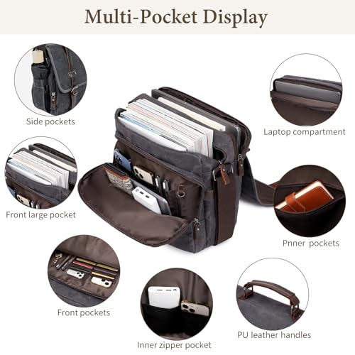Vintage Men Laptop Bag, 15.6 Inch Messenger Bag Leather Waxed Canvas | Briefcase Large Computer Laptop Bag Briefcase Satchel Handbags Crossbody Bags Water Resistant Work Business Travel - color: Grey Black