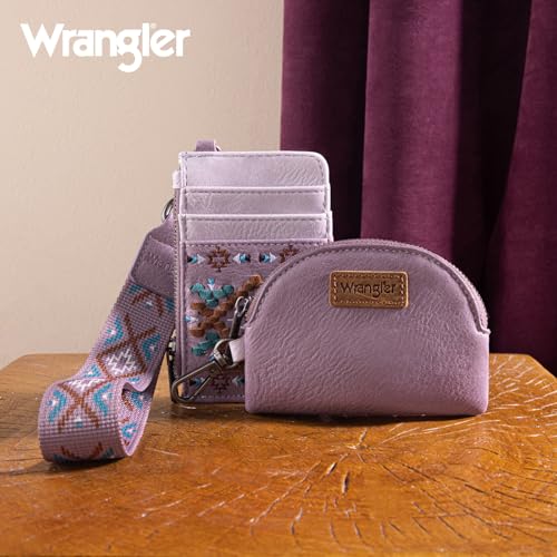 Wrangler Western Keychain Wristlet Wallets for Women Retro Dual Pouch Wristlet Credit Card Holder Wallet with Zipper Pocket WG2214-W0051PP - color: Aztec-Purple