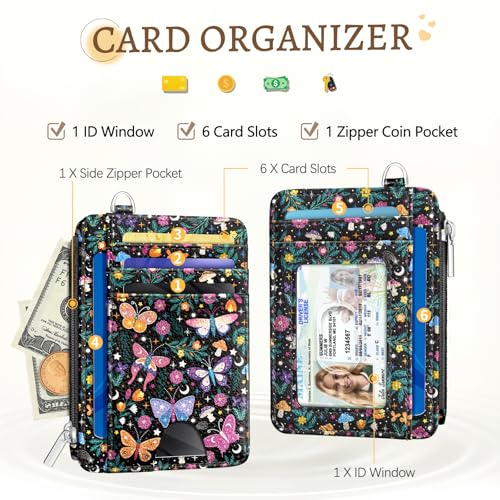 Kelvoris Credit Card Holder Small Wallet Women, Slim RFID, Butterflies | Keychain, Zipper Coin Pocket, Front Pocket Thin Travel Card Case, Minimalist, 6 Card Slots, 1 ID Window, Ladies Gifts Woman - color: Butterfly