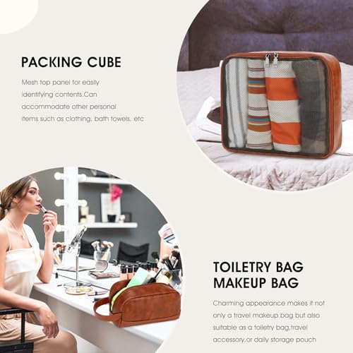 3PCS Faux Leather Weekender Bag for Women Men Travel Bag Overnight Bags | Leather Travel Duffel Bags for Traveling with Shoe Compartment Toiletry Packing Cube Carry On Tote Bag Men Fit 21.5" Laptop - color: Dark Brown