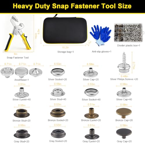 Fesorsi Heavy Duty Snap Fastener Tool, 100 Sets 15mm Metal Fasteners Buttons with Gloves, Storage Bag & Snap Box, Snap Button Kit for Boat Cover, Canvas, Leather, Tarps, Sewing & DIY Crafts