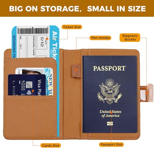 Melsbrinna Premium Leather Passport Holder Covers Case, Waterproof Rfid Blocking Travel Wallet Passport Holder with Pen Holder, Cute Passport Book for Women/Men - color: AZ-LG Brown