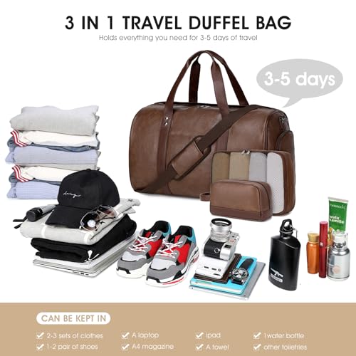 3PCS Faux Leather Weekender Bag for Women Men Travel Bag Overnight Bags | Leather Travel Duffel Bags for Traveling with Shoe Compartment Toiletry Packing Cube Carry On Tote Bag Men Fit 21.5" Laptop - color: Coffee