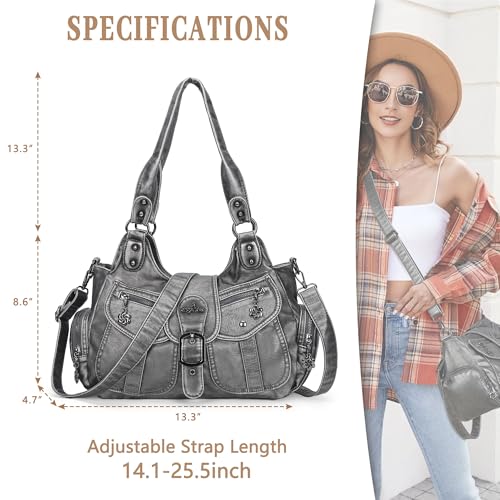 Angel Kiss Hobo Bags for Women Vegan Leather Shoulder Purses and Handbags Ladies Roomy Tote Bags Purse with Crossbody Strap - color: Silver Grey