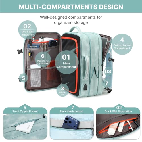 Travel Backpack Women, PU Leather Carry On Backpack Flight Approved, Blue | 40L Expandable, Laptop Compartment, Personal Item Travel Bag, Weekender Business - color: Light Blue
