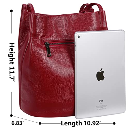 Iswee Soft Leather Tote Bucket Bag Hobo Shoulder Purse and Handbags Women | Large Size Roomy Pocketbooks Ladies Bag Everyday Bag Casual Work Travel Designer Hand Bag - color: Wine-lichee