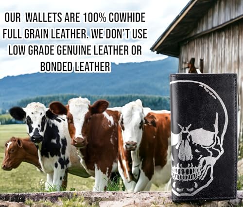 F&L CLASSIC Men's RFID Vintage Look Genuine Leather Long Bifold Wallet Checkbook Wallets,black skull,240-50 - color: black with Skull Embossed