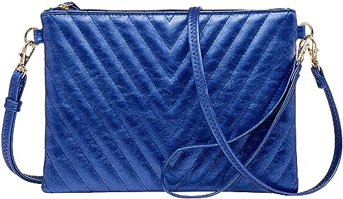 B BRENTANO Chevron Embroidered Crossbody Clutch Bag Pouch with Removable Wristlet & Adjustable Shoulder Strap - color: Metallic Blue