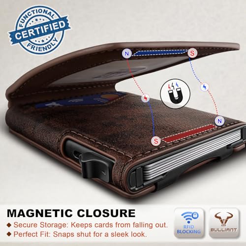 BULLIANT Men Slim Magnetic Leather Wallet Metal Case Money Clip 9 Cards | RFID Blocking | Easy Pop-up Access | Gift Boxed - color: Forest Brown-4337