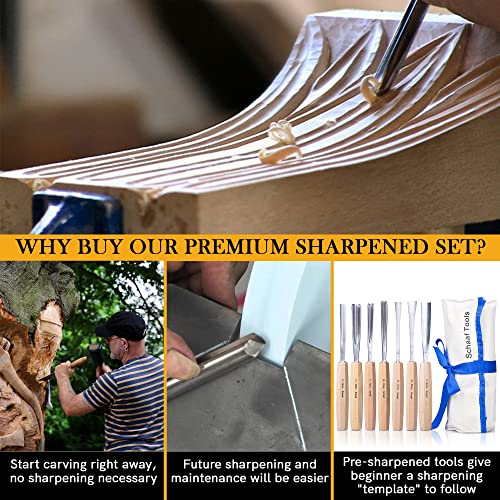7-pc Wood Chisel Set with Gouges, Hand Sharpened | Professionally sharpened carving chisels for beginners, sculpture and relief carving, ergonomic handles, tutorials included - color: Professionally Sharpened 7 Piece Set