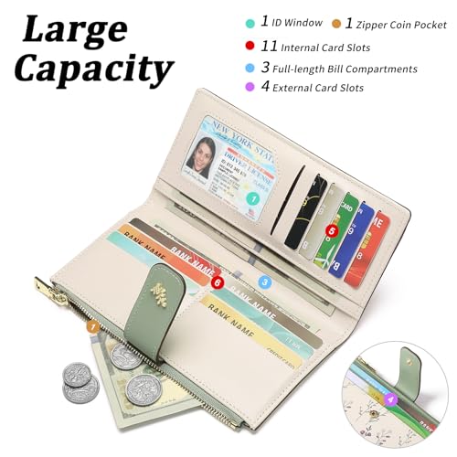 GAEKEAO Womens Wallet Slim Thin RFID Blocking Floral Vegan Leather Card Holder Bifold Long Ladies Wallet with Zipper Pocket - color: Green