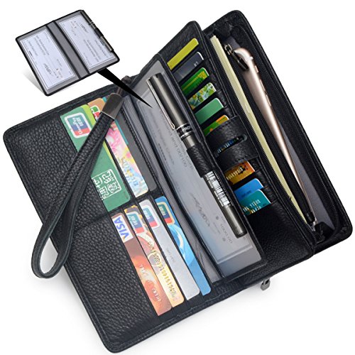 Bveyzi Women's Big Fat Rfid Leather Wristlet Wallet Organizer Large Phone Checkbook Holder with Zipper Pocket (Black) - color: Black