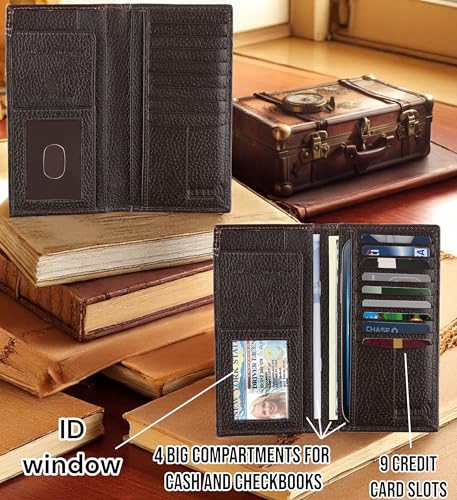 F&L CLASSIC Men's RFID Vintage Look Genuine Leather Long Bifold Wallet Checkbook Wallets,brown,240-81 - color: brown 81