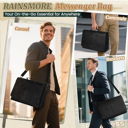 RAINSMORE Vintage Flap Messenger Bag for Men PU Leather Laptop Bag 15.6 Inch Mens Briefcase Waterproof Satchel Computer Bag - color: Black