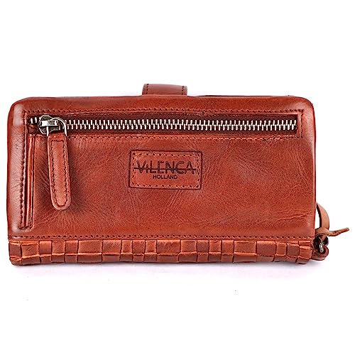 Genuine Leather Wallets for Women, Zipper Coin Purse | Small Wallet, Credit Card Holder with Strap, Woven Oil & Wax Leather Wristlet with YKK Zipper, VL-158-COGNAC, Cognac - color: Cognac
