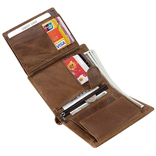 Trifold Billfold RFID Blocking Cowhide Leather Wallet for Men 10 Card Slots 2 ID Windows with Coin Pocket - color: Brown