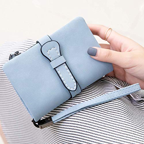 AOXONEL Women's Small Bifold Leather wallet Rfid blocking Ladies Wristlet with Card holder id window Coin Purse - color: Light Blue3
