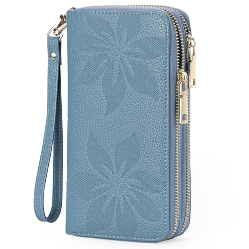 GOIACII Women's Wallet RFID Blocking Leather Wristlet | 2 Zip Around, Large Capacity, Credit Card Holder, Ladies Phone Clutch Purse - color: A16 Blue