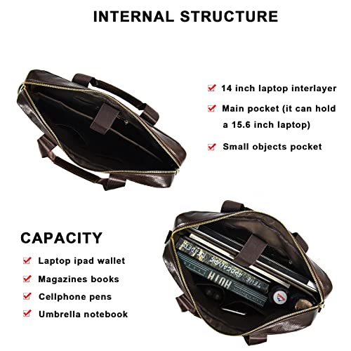 Genuine Leather Briefcase for Men, Laptop Computer Shoulder Bag With Strap, 15.6 Inch Business Travel Work Handbag - color: 3317 Brown