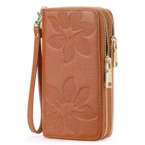 GOIACII Women's Wallet RFID Blocking Leather Wristlet | 2 Zip Around, Large Capacity, Credit Card Holder, Ladies Phone Clutch Purse - color: A04 Brown