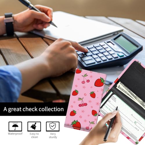 Checkbook Cover for Personal Checkbook, Cute Pu Leather Check Book for Women & Men, Slim Checkbook Holder with Pen Holder and Built-in Clear Plastic Divider, Pink Strawberry - color: Pink Strawberry