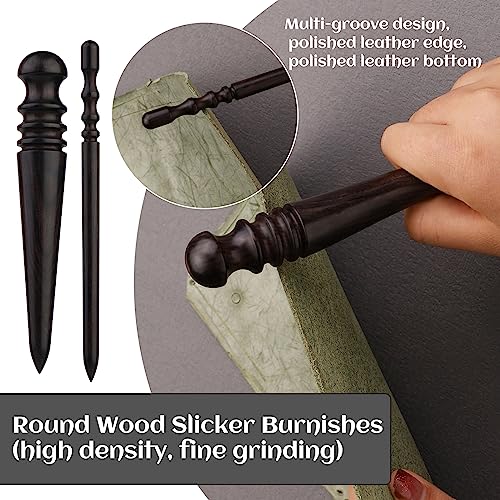 TLKKUE 5 PCS Leather Edge Burnisher with Wood Edge Slicker Grinding Sand | Leather Polished Grinding Craft Tools with Wood Edge Slicker and Grinding Sand, Round Leather Edge Burnish Working Tool