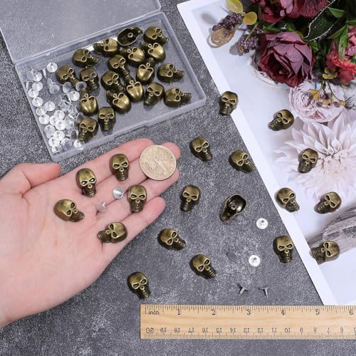 PH PandaHall 50pcs Punk Skull Rivets Studs, Skull Head Studs Vintage Antique Bronze Buttons Alloy Screw Back Stud for DIY Leather Crafting Belts Bags Shoes Clothing Decoration 0.89x0.53inch - color: Antique Bronze, size: 0.89x0.53inch