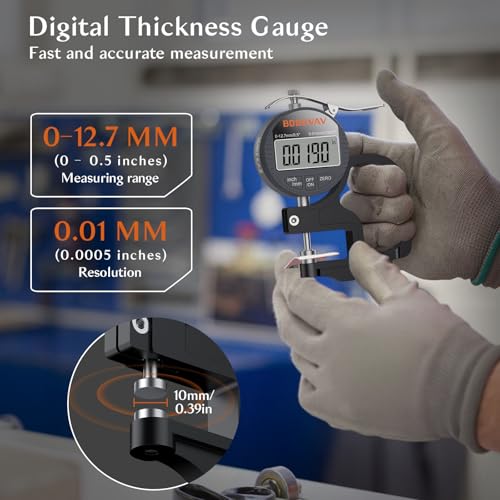 Digital Thickness Gauge 0.5 inch/12.7mm, 0.0005 inch/0.01mm Thickness Measuring Tool Meter with Inch/MM Conversion with Precise LCD Display, Suitable for Leather/Paper/Wire/Fabric/Film etc.