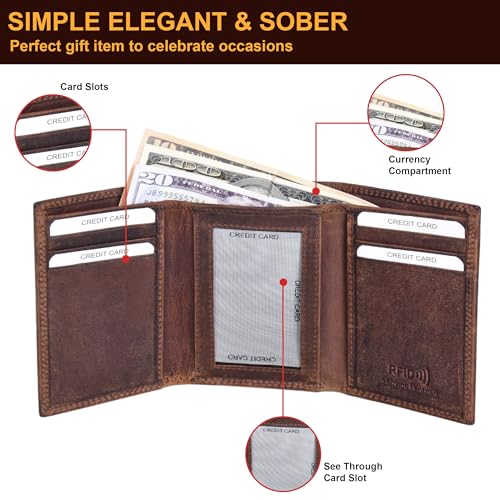 ASAD Leather Slim Everyday Trifold Wallet with ID Window and Multiple Card Slots | Genuine Leather Double Stitched RFID Blocking Stylish | Gift for Him | Hidden Card Pockets - color: Crazy Horse