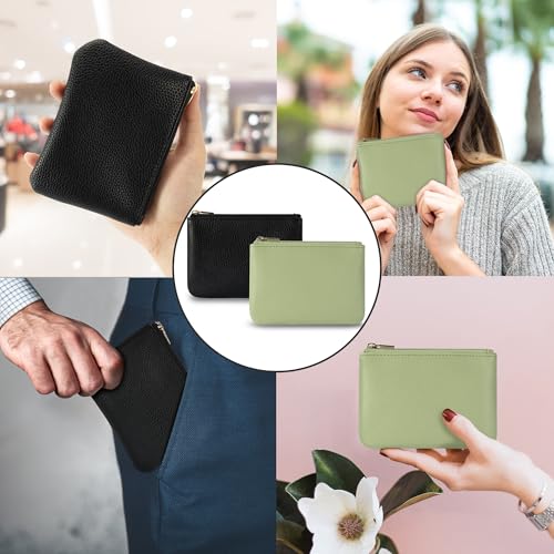 Chelmon PU Leather Coin Purse Pouch Change Holder Small With Zipper for Men Women 2 PCS Set (Black&Light Green) - color: Black&Light Green