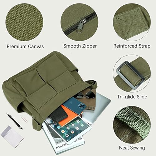 Canvas Messenger Bag for Women, Grunge Bag with Fairy Grunge Bracelet, Crossbody Bag with Bracelets Fairy Grunge Clothes - color: Military Green
