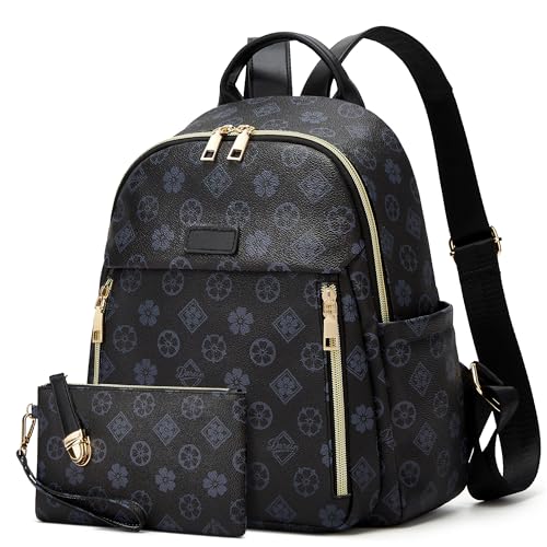 Makes Mini Backpack for Women, Small Casual Backpacks Daily Travel Bag 2pcs | Small Bookbag,Work Travel School PU Leather Shoulder Bag Mochilas Para Mujer Rucksack Gifts for Lady Girls Mother Wife - color: Black Flower