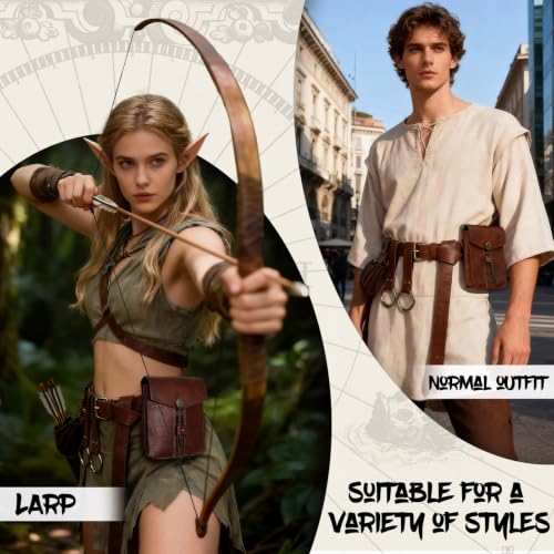 Renaissance Belt Pouch Medieval Pirate Costume Accessories Set for Cosplay | Viking Faux Leather Waist Bag, Skirt Hike Clips, Perfect for Women and Men Ren Faire, LARP, Fantasy, Halloween - color: Brown-C
