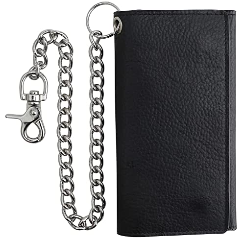 F&L CLASSIC RFID Blocking Mens Tri-fold Long Style Cowhide Leather Steel Chain Wallet,Black - color: Black