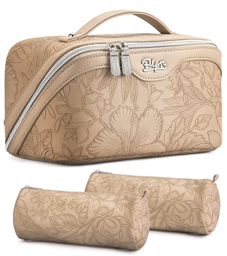 BOYATU Travel Makeup Bags Cosmetic Organizer Bag: 3-Set Make up Bag | Large Capacity PU Leather Toiletry Bags for Women - Wide Open Portable Pouch with Divider & Handle(02-Light Brown) - color: 02-Light Brown