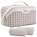 BOYATU Travel Makeup Bag Cosmetic Bags for Women: 3 Pcs Set Make up Bag | Large Capacity Waterproof Vegan Leather Organizer Bags with Compartments - Lay flat Toiletry with Handle (M-80Off-white) - color: M-80Off-white